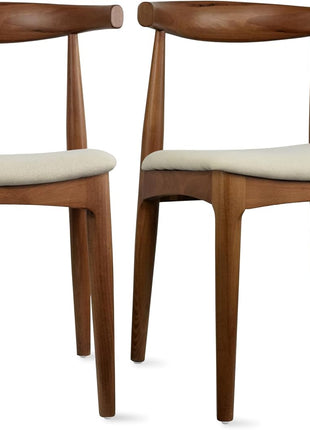 Set of 2 Solid Wooden Dining Chairs with Upholstered Beige Linen Cushioned Seats | Modern Farmhouse Elbow Side Chairs for Home, Kitchen, Office, and Meetings (Espresso)