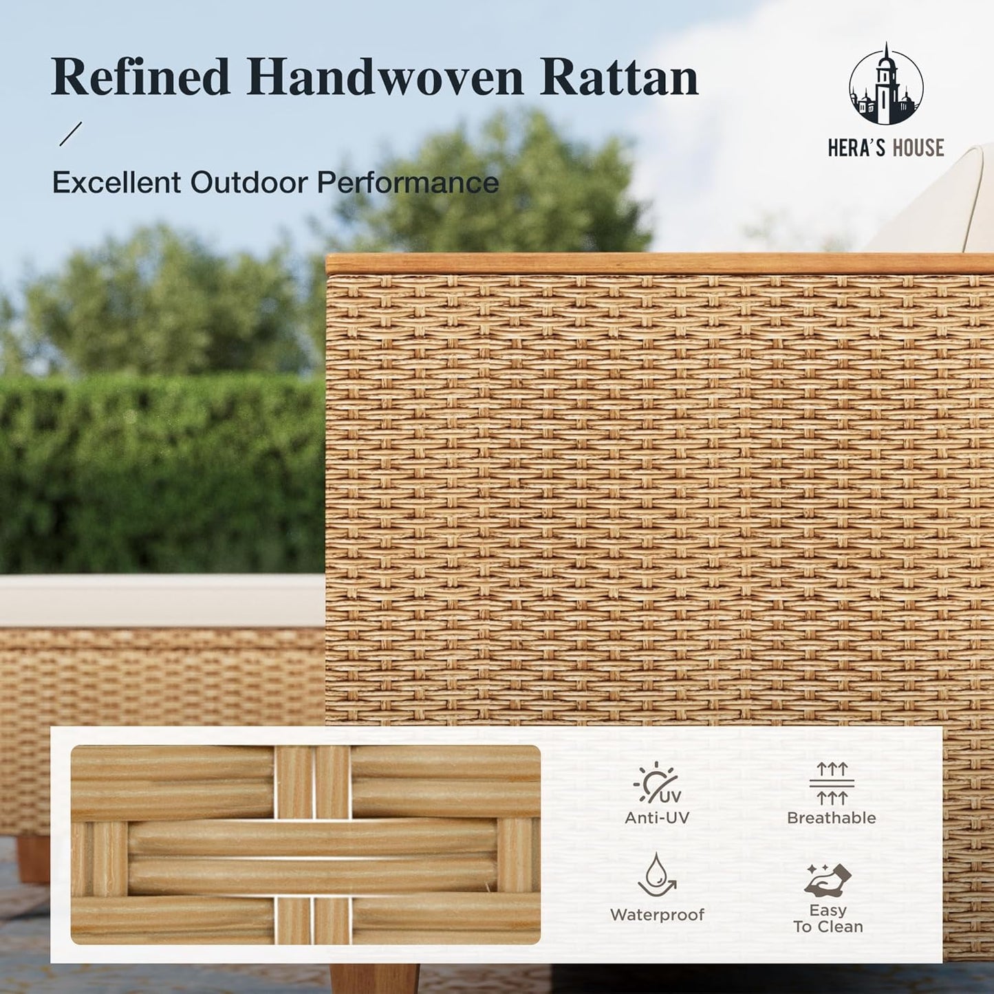 Small Patio Furniture Set, 3 Pieces Wicker Outdoor Sectional Sets,Yellow Rattan Conversation Set with Sofa and Coffee Table for Garden and Backyard, L Shape Boho Balcony Couch Sets