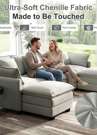 107" U-Shaped Modular Cloud Couch Sectional Sofa, 4-Seat Deep Seating with 6 Removable Washable Pillows and 2 Ottomans, Ideal for Living Room, Bedroom, or Apartment in Light Grey