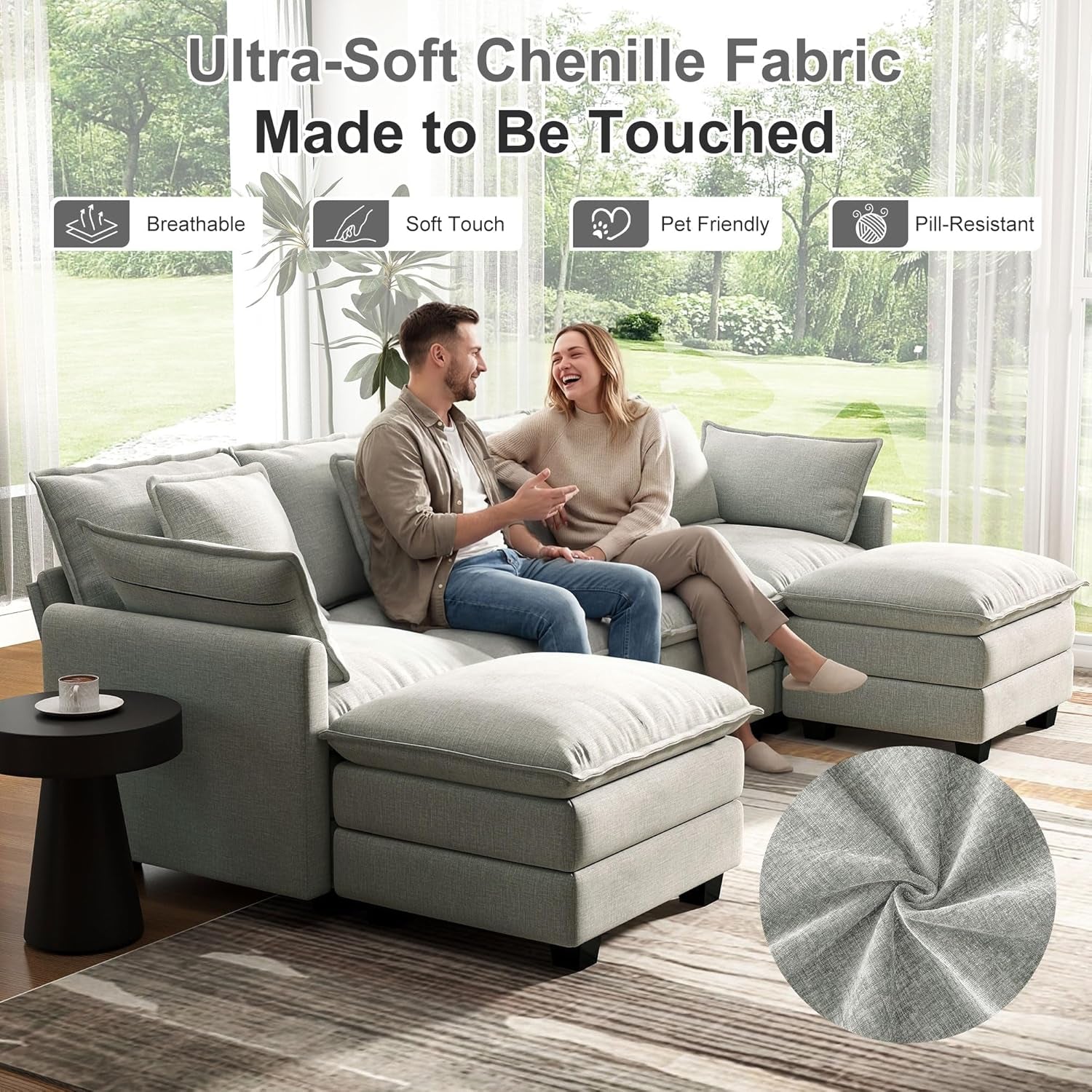 107" Cloud Couch Sectional, U Shaped Modular Sectional Sofa, 4-Seat Deep Seat Couch with 6 Removable Washable Pillows and 2 Ottoman for Living Room, Bedroom, Apartment, Light Grey
