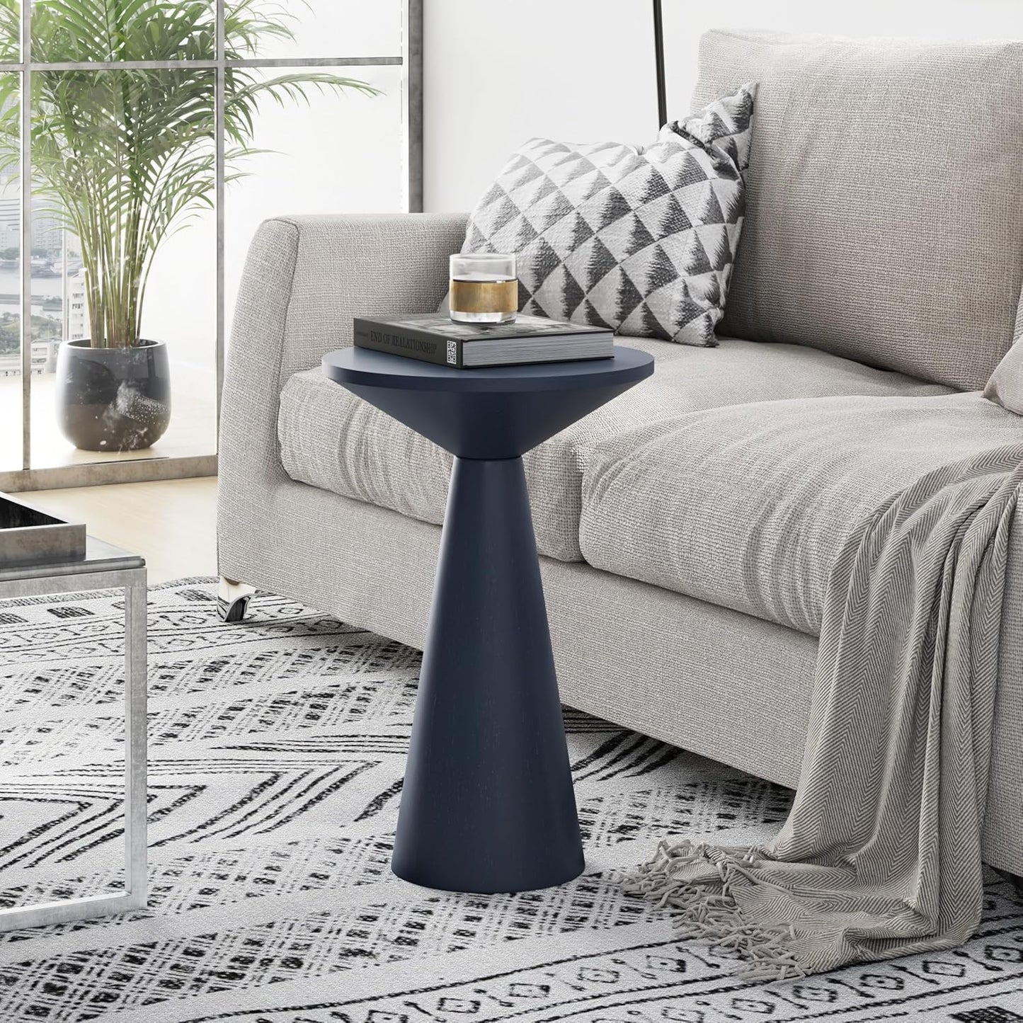 Small Pedestal End Table round Farmhouse Martini Table Wood Plant Stand Rustic Drink Table for Small Space Living Room, Dark Blue