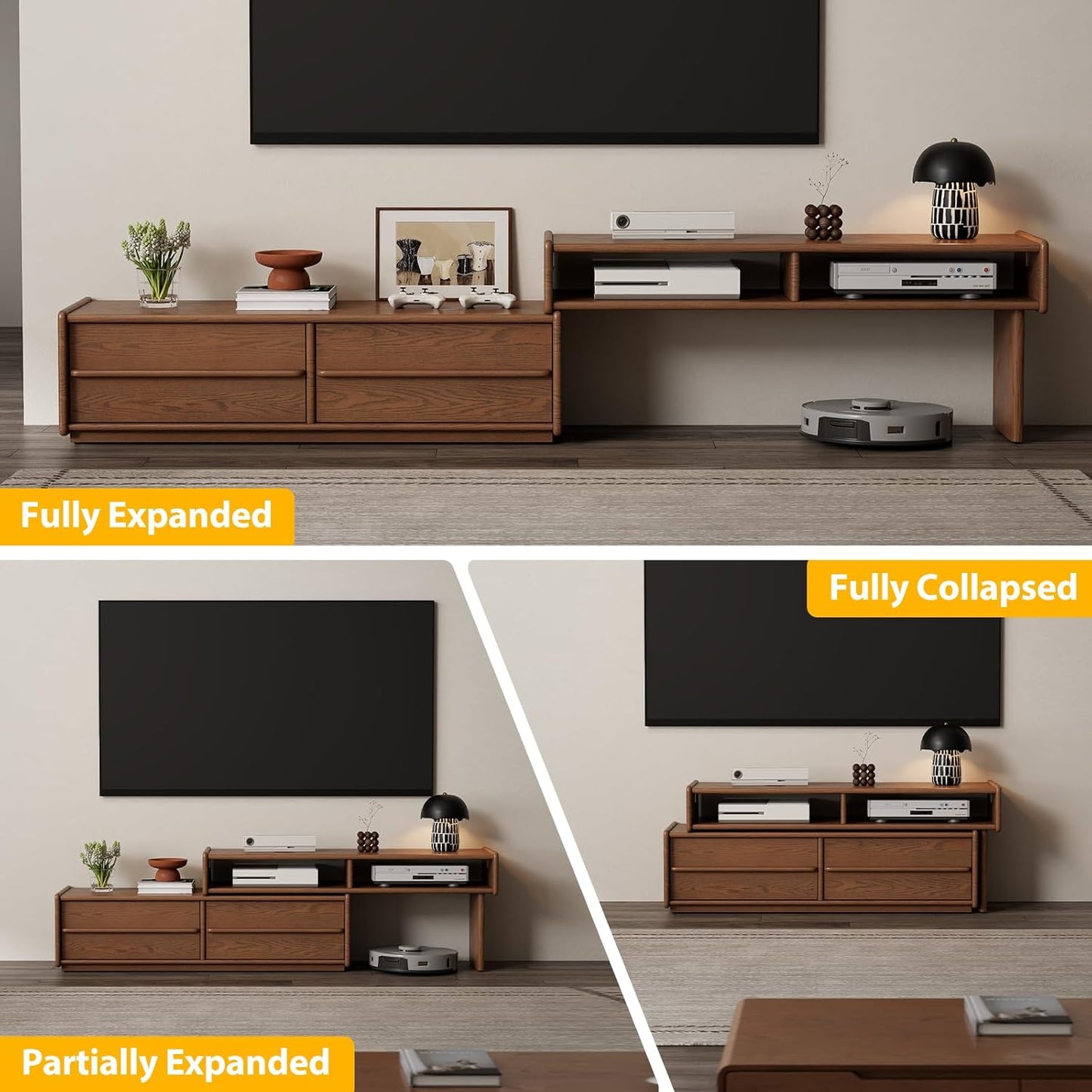 Solid Wood TV Stand for Tvs up to 65 Inch，Extendable Tv Stand with Storage and Shelf for Living Room, Bedroom, Offic