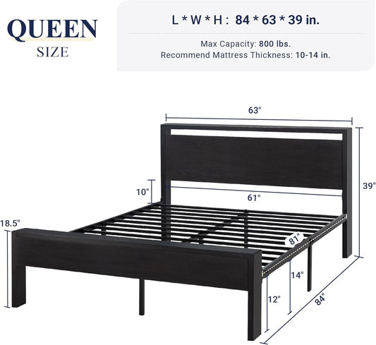 Queen Size Platform Bed Frame with Wooden Headboard and Footboard, Heavy Duty 12 Metal Slats Support, No Box Spring Needed, Under-Bed Storage, Noise Free, Easy Assembly, Black Oak
