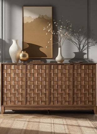 Mid-Century Modern Fluted Sideboard Cabinet - Solid Wood Buffet with Adjustable Shelves, Walnut Finish, and Black Accents for Dining Room Storage