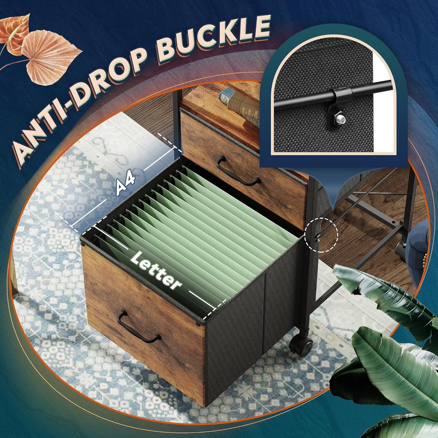 2 Drawer Mobile File Cabinet, Rolling Printer Stand with Open Storage Shelf, Fabric Vertical Filing Cabinet Fits A4 or Letter Size for Home Office, Rustic Brown Wood Grain Print