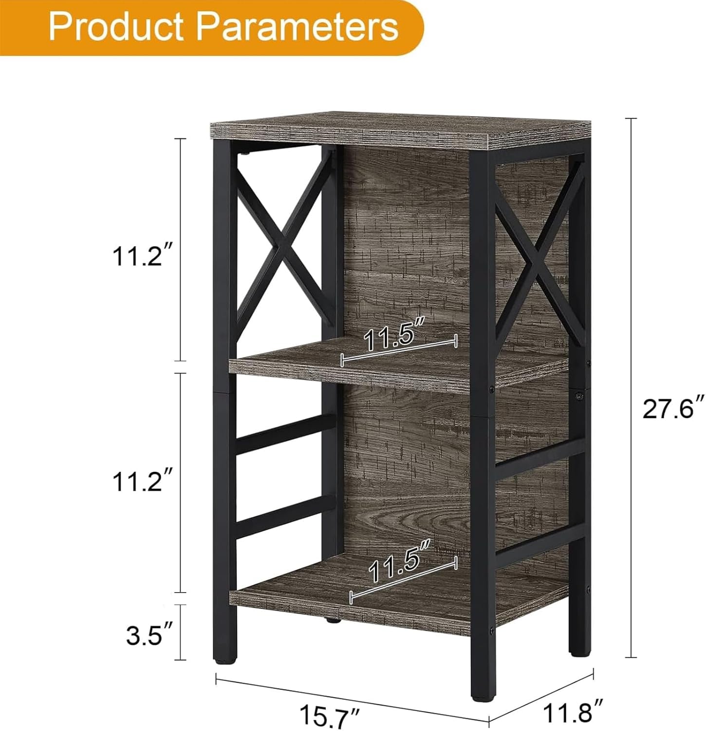 Small Bookcase,3 Tier Industrial Bookshelf with Metal Frame and Backboard,Low Grey Book Shelf,Book Case for Small Spaces,Living Room,Bedroom and Home Office