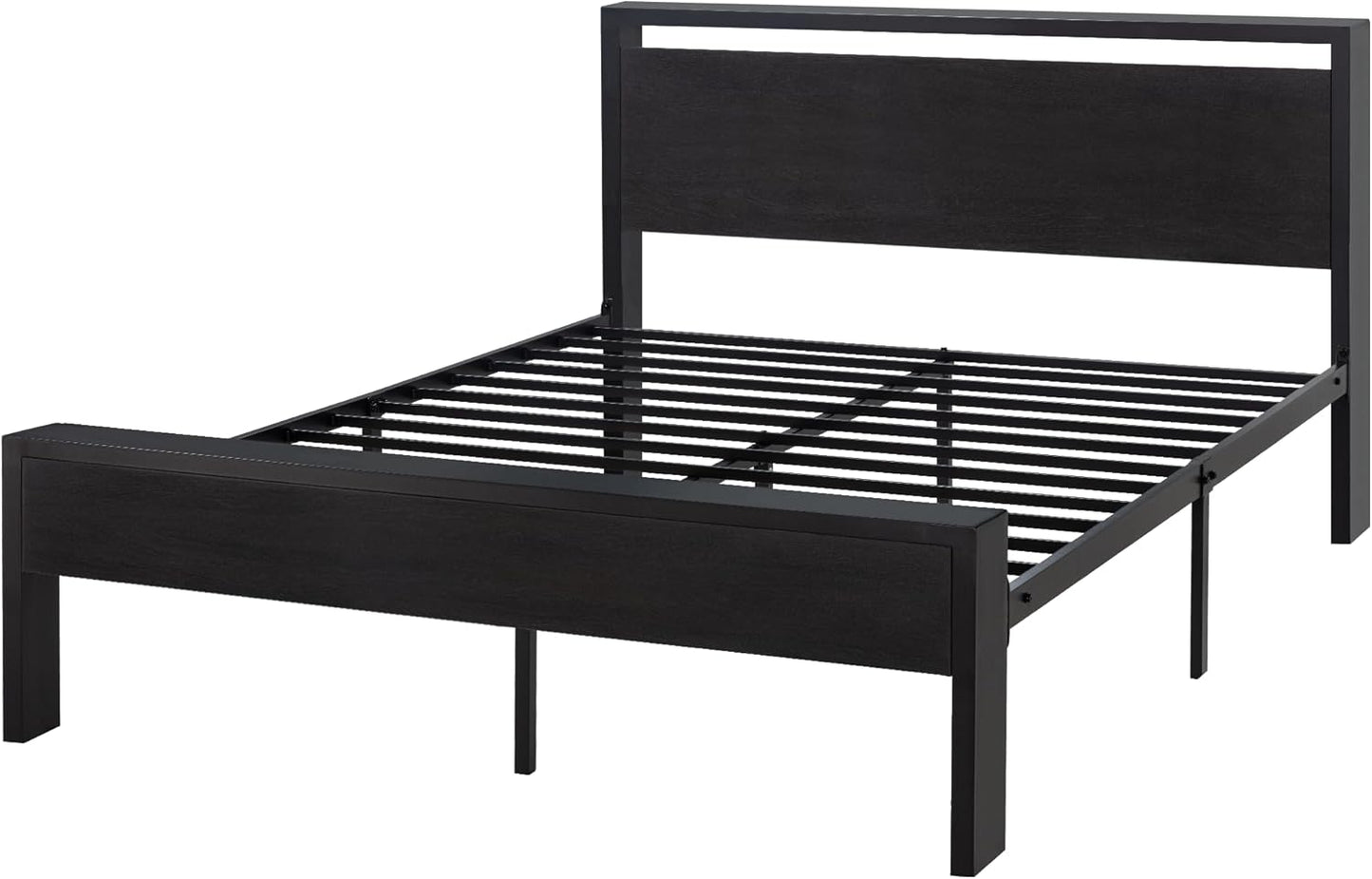 14 Inch Queen Size Metal Platform Bed Frame with Wooden Headboard and Footboard, Mattress Foundation, No Box Spring Needed, Large under Bed Storage, Non-Slip without Noise, Black Oak