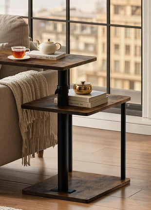360° Swivel C-Shaped Side Table with Adjustable Height and Storage, 3-Tier Nightstand with Open Shelf for Compact Spaces, Rustic Brown Finish