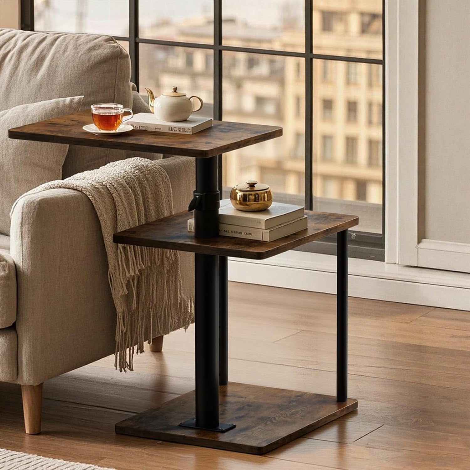 360° Swivel Side Table for Height Adjustable, C Shaped End Table for Couch with Storage, 3-Tier Night Stand with Open Shelf, Tv Tray for Small Spaces, Living Room, Bedroom, Rustic Brown