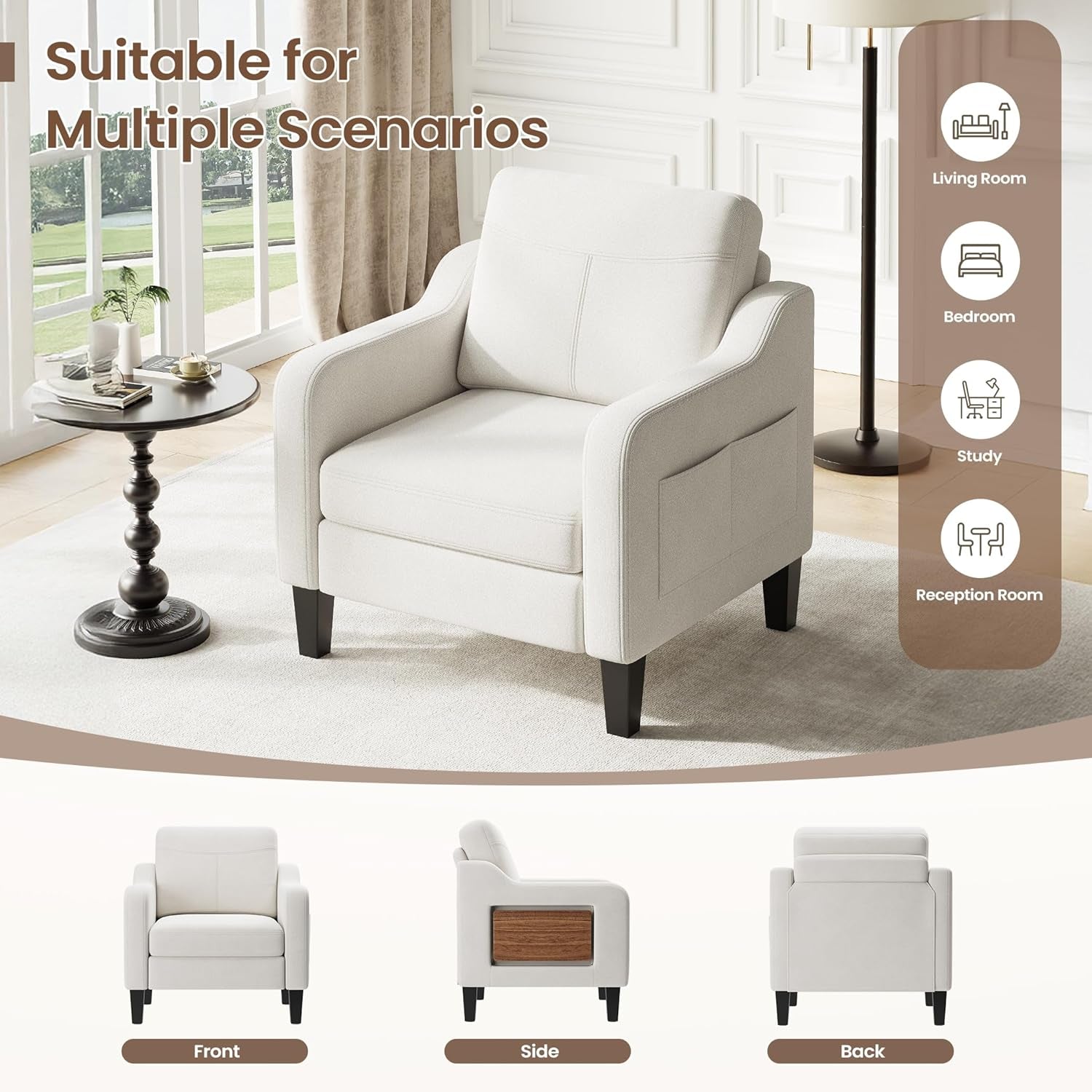 Accent Chair for Living Room Modern Linen Upholstered Armchair Side Wooden Fabric Sofa Chair with Foldable Table 2 Side Pockets Comfy Reading Chair for Bedroom