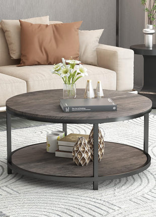 36-Inch Round Coffee Table for Living Room, Two-Tier Rustic Wood Design with Storage Shelf, Modern Home Furniture in Light Walnut