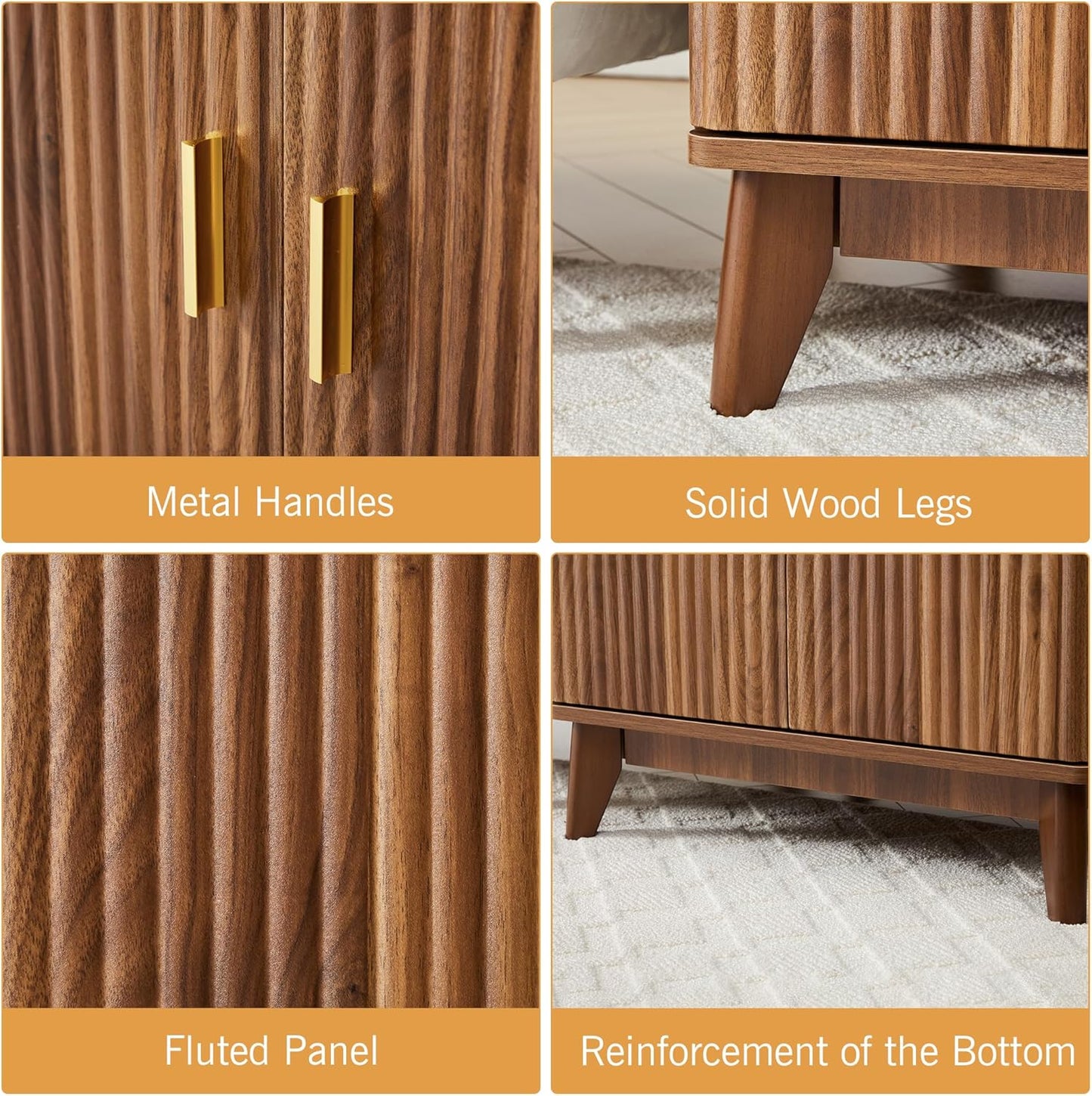 Fluted End Table with Charging Station, 2 Door Side Table with Storage, Mid Century Modern Nightstand for Bedroom Bedside, Living Room Couch Sofa, Office, Desk Side Table for Small Spaces-Walnut