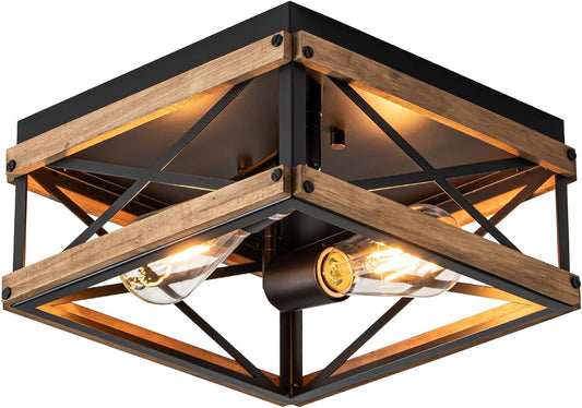 Black Flush Mount Ceiling Light, 2-Light Rustic Farmhouse Fixture with Metal & Wood Frame, Dimmable Close-To-Ceiling Lighting for Kitchen Bedroom Living Room Hallway Entryway