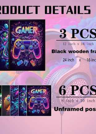 Game Room Canvas Wall Art Set - 16x12 Inch Framed 3-Piece Collection with 6 Additional 8x10 Posters, Neon Gaming Theme Decor for Boys and Youth Bedrooms