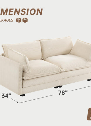 78-Inch Contemporary Corduroy Loveseat with Two Decorative Pillows, Stylish Sectional Sofa for Living Room, Office, and Bedroom in Beige