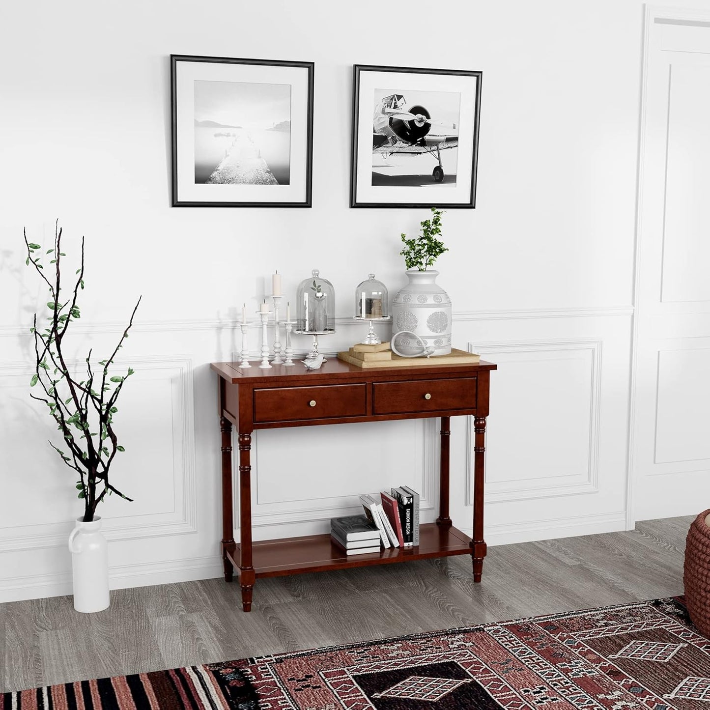 Solid Wood Console Table with 2 Drawers, 2-Tier 35.4" X 30" Accent Sofa Table with Multilayer Storage Shelf Rustic Hall Entryway Tables for Living Room Home Office-Brown