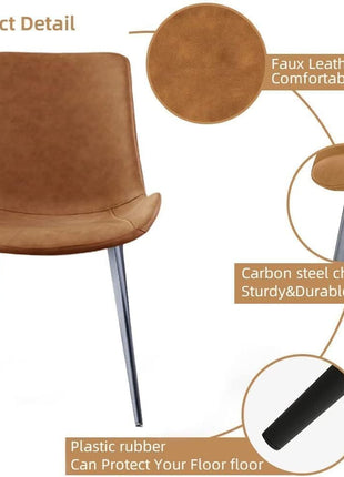 Set of 4 Modern Dining Chairs with Upholstered Faux Leather Seats and Durable Metal Legs in Brown