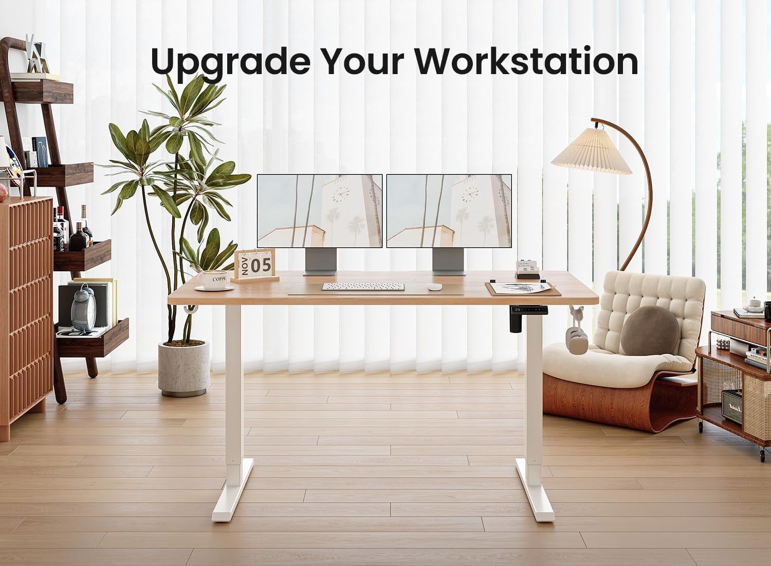 48 × 24 Inches Standing Desk, Ergonomic, Electric Height Adjustable, Sit and Stand Up, Computer Office Desk with Splice Board, White Frame/Maple Top