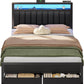 Queen Bed Frame with Charging Station and LED Lights, Grey Upholstered Headboard with Shelves, Metal Platform Bed with 2 Under-Bed Storage (Fabric Drawer on Wheels), No Box Spring Needed