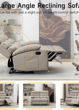 Beige Reclining Loveseat - Anti-Scratch Leather Double Recliner Sofa with Side Pocket for Living Room, RV, and Home Theater