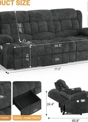 Gray Loveseat Recliner Sofa with Flip Middle Backrest, Storage Drawer, USB Ports, and Cup Holders - Manual 3-Seat Couch for Living Room or RV