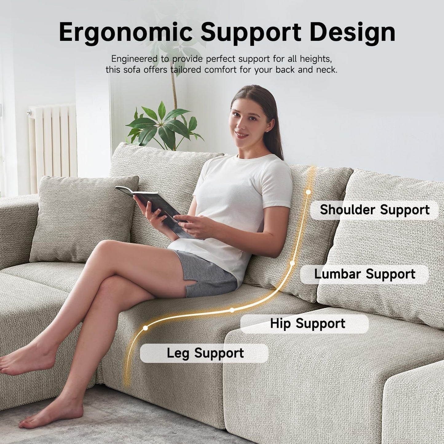 152'' Modern Boneless Couch, Oversized 2-In-1 Modular Sectional Sofa Bed, Extra Deep Seat Upholstery Cloud Couch, Boneless Couches for Living Room, No Assembly Required, Beige Chenille