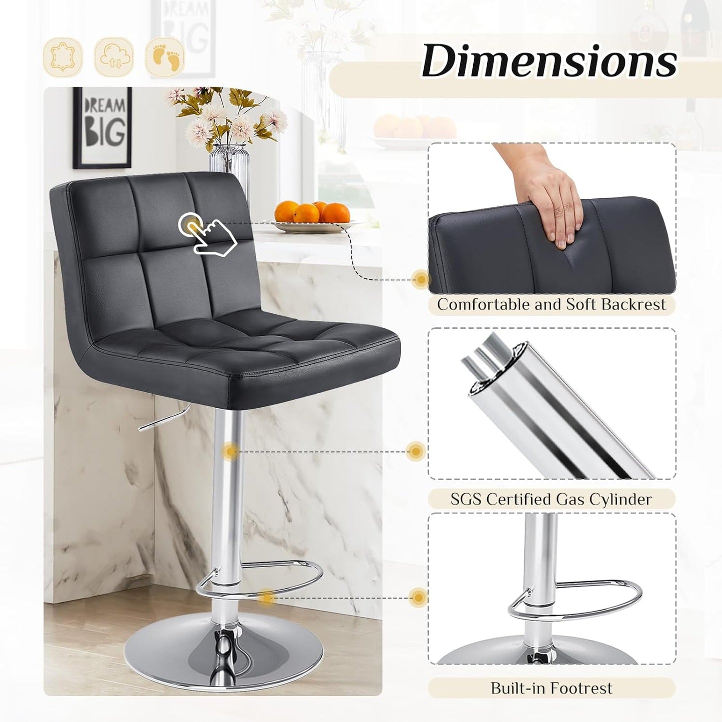 Bar Stools Set of 4, 24 Inch Counter Height Bar Stools, Upholstered Modern Kitchen Barstools with Metal Base, PU Leather Saddle Stools for Kitchen Island, Black