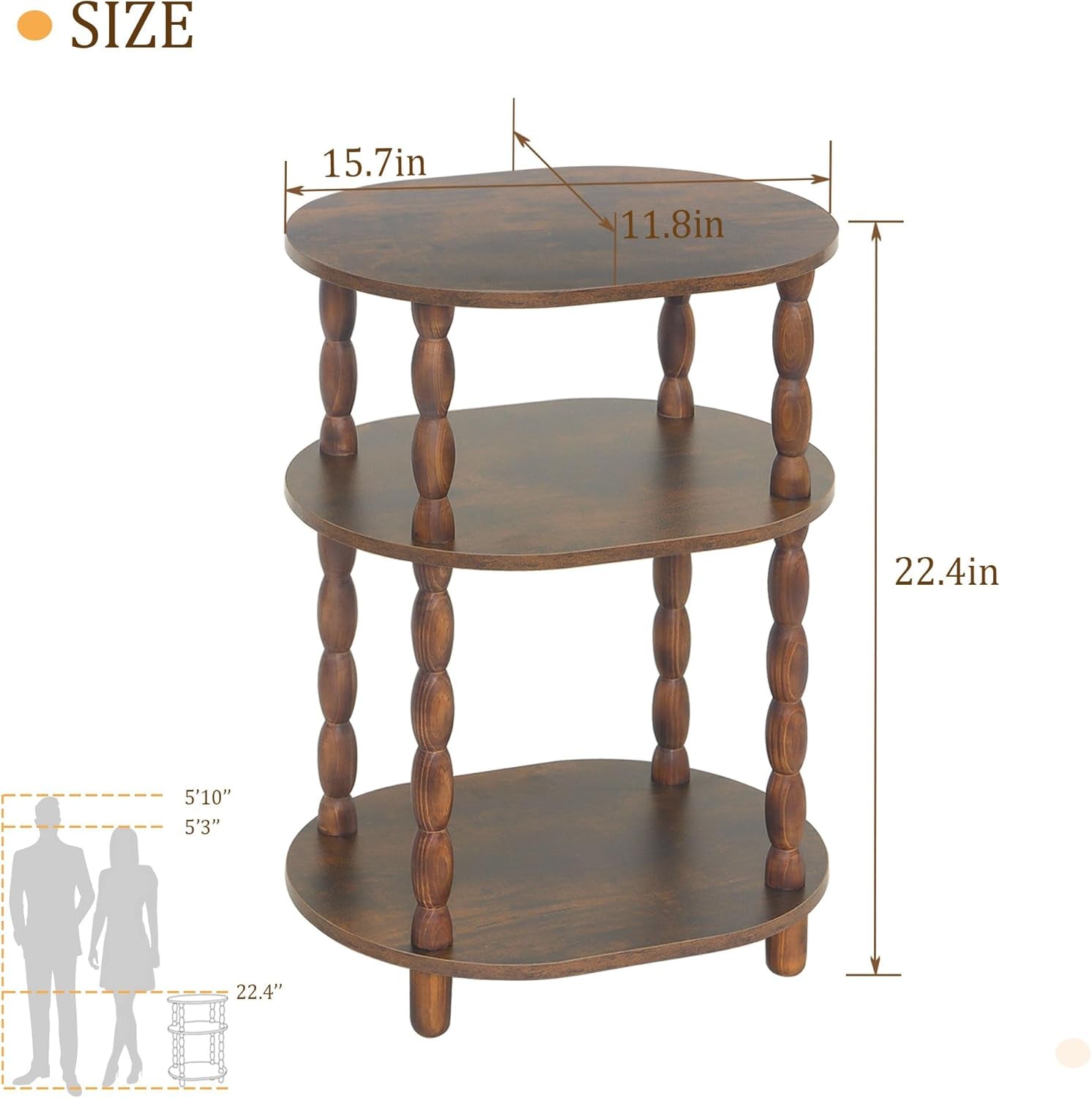 Side Table, 3-Tier Small End Table, Modern Oval Night Stand Accent Table for Living Room, Bedroom, Rustic Brown