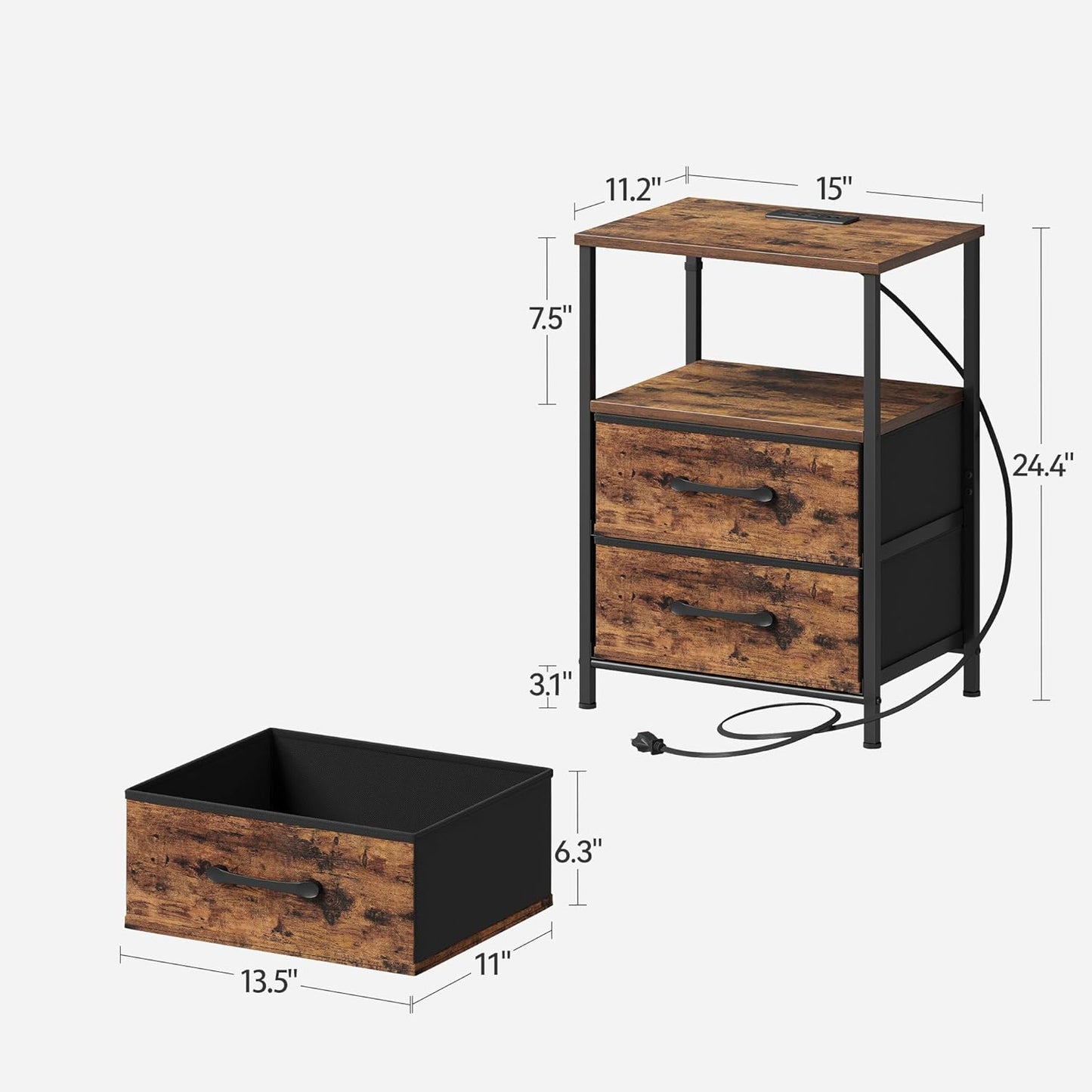 Nightstands Set of 2, Night Stand with Charging Station and Led Lights, Bedside Table with 2 Fabric Drawers for Bedroom, Small Side End Table with Open Shelf, Rustic Brown