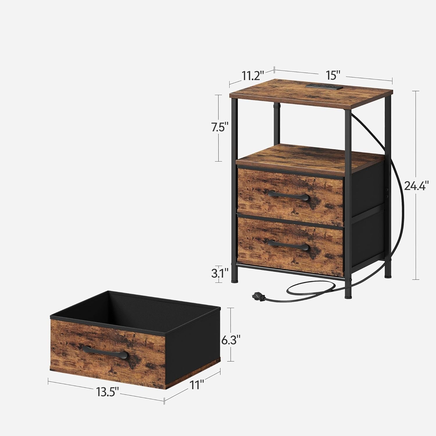 Nightstands Set of 2, Night Stand with Charging Station and Led Lights, Bedside Table with 2 Fabric Drawers for Bedroom, Small Side End Table with Open Shelf, Rustic Brown