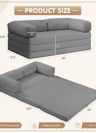 5-in-1 Convertible Sofa Bed - Elegant Boneless Couch with Removable L-Shaped Armrests, Tri-Folding Floor Mattress, and Pull-Out Bed for Enhanced Comfort