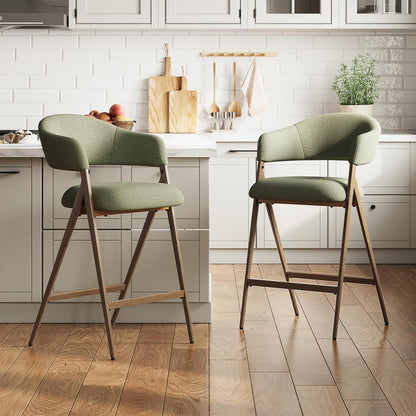 Bar Stools Set of 2, Counter Height Barstools with Back, Modern Upholstered Island Stools with Metal Legs for Kitchen Counter, Dining Room, Green
