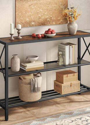 Industrial 3-Tier Console Table for Entryway, Hallway, and Living Room in Rustic Brown and Black Finish