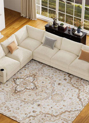 Luxurious FSC Certified Velvet U-Shaped Sectional Sofa - Oversized Convertible Sleeper Couch with Detachable Armrests, Seats Up to 6 in Chenille Beige