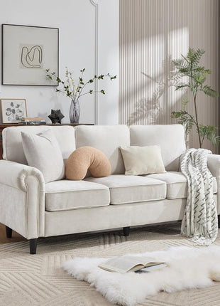 Mid-Century Modern 3-Seater Sofa with Rolled Arms and Deep Cushions, Beige, Ideal for Living Rooms and Apartments, Easy Assembly
