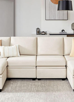 Modular U-Shaped Sectional Sofa with Storage, Convertible Design, High-Quality Soft Foam Cushions, Comfortable Seating for 6, Beige