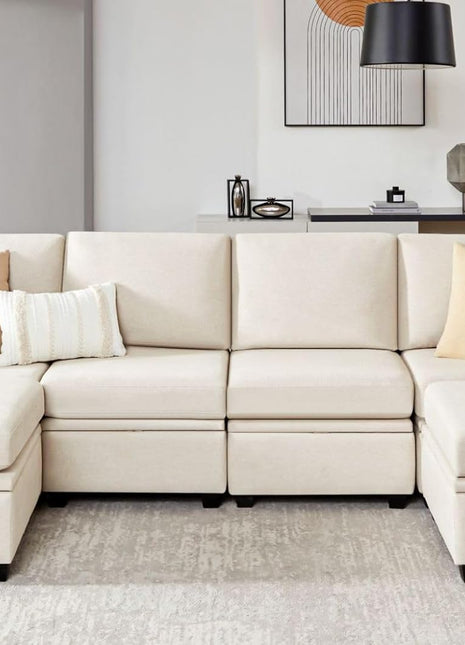 Modular U-Shaped Sectional Sofa with Storage, Convertible Design, High-Quality Soft Foam Cushions, Comfortable Seating for 6, Beige