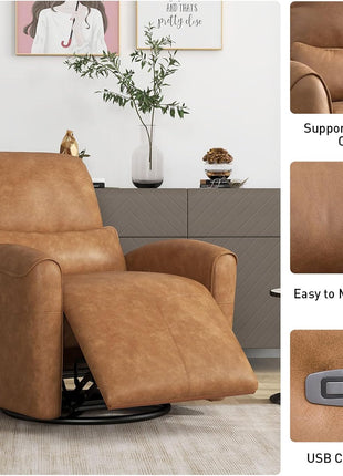 Power Swivel Rocker Recliner Chair with USB Charging Port, 23.2-Inch Wide Seat, Fixed Lumbar Support, Upholstered Glider for Nursery and Living Room, Brown