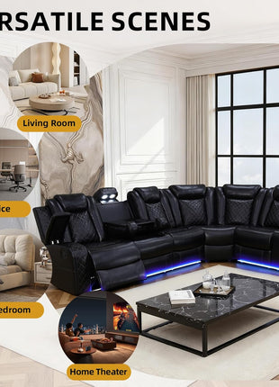Power Recliner Sofa Set with LED Lighting, Air Leather Sectional, Wireless Charging, Cup Holders, and Storage Console for Home Theater, Black