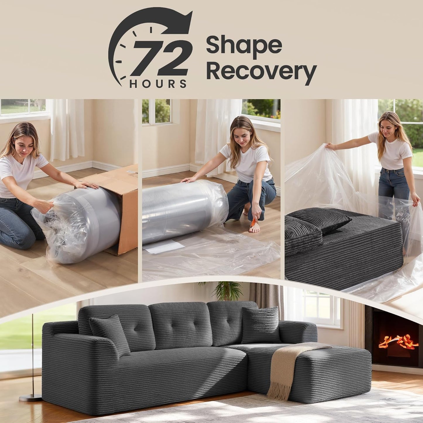 Boneless Couch, Modern Cloud Couch with Deep Seat, Corduroy Sofa for Living Room, Bedroom, Modular Sectional Sofa with Right-Facing Chaise, 108.3 Inches, Slate Gray ULCS182GN01