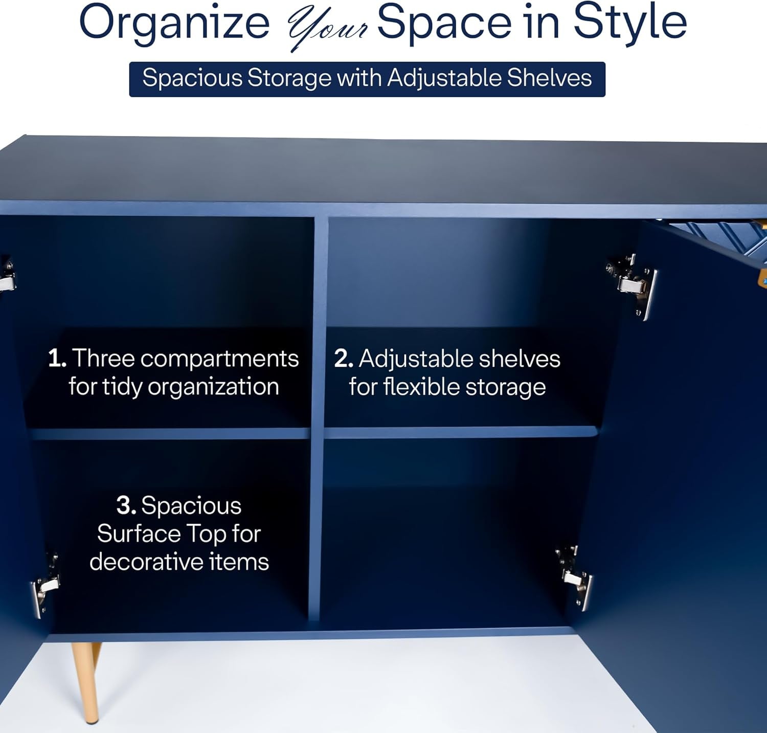 Modern Sideboard Buffet Cabinet with Storage, 47'' Navy Blue Credenza Gold Handles with 3 Doors and 1 Drawers, Wooden Kitchen Coffee Bar Cabinet for Living Room Farmhouse, Hallway