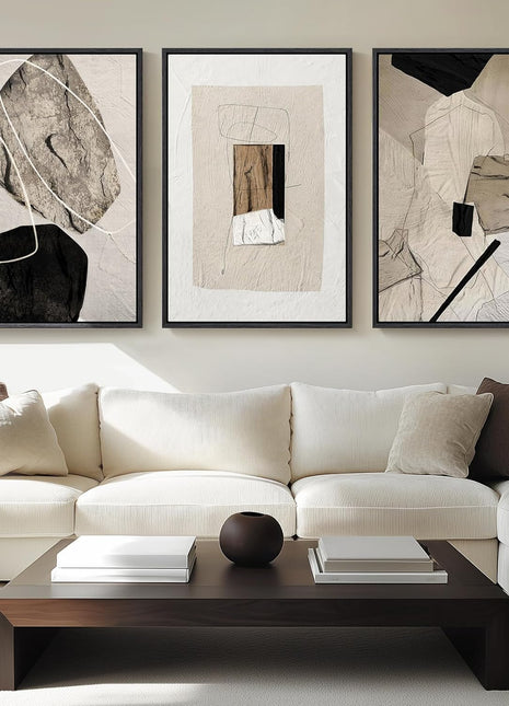 Large Framed Neutral Abstract Wall Art Set - 3-Piece Modern Canvas Prints for Living Room, Hallway, Staircase, and Office Decor - Black and Beige Artwork, 24x36 Inches