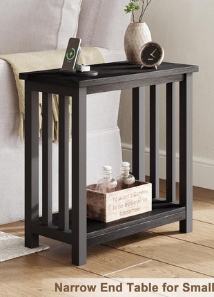 Set of 2 Black Narrow End Tables with Storage Shelf for Compact Spaces