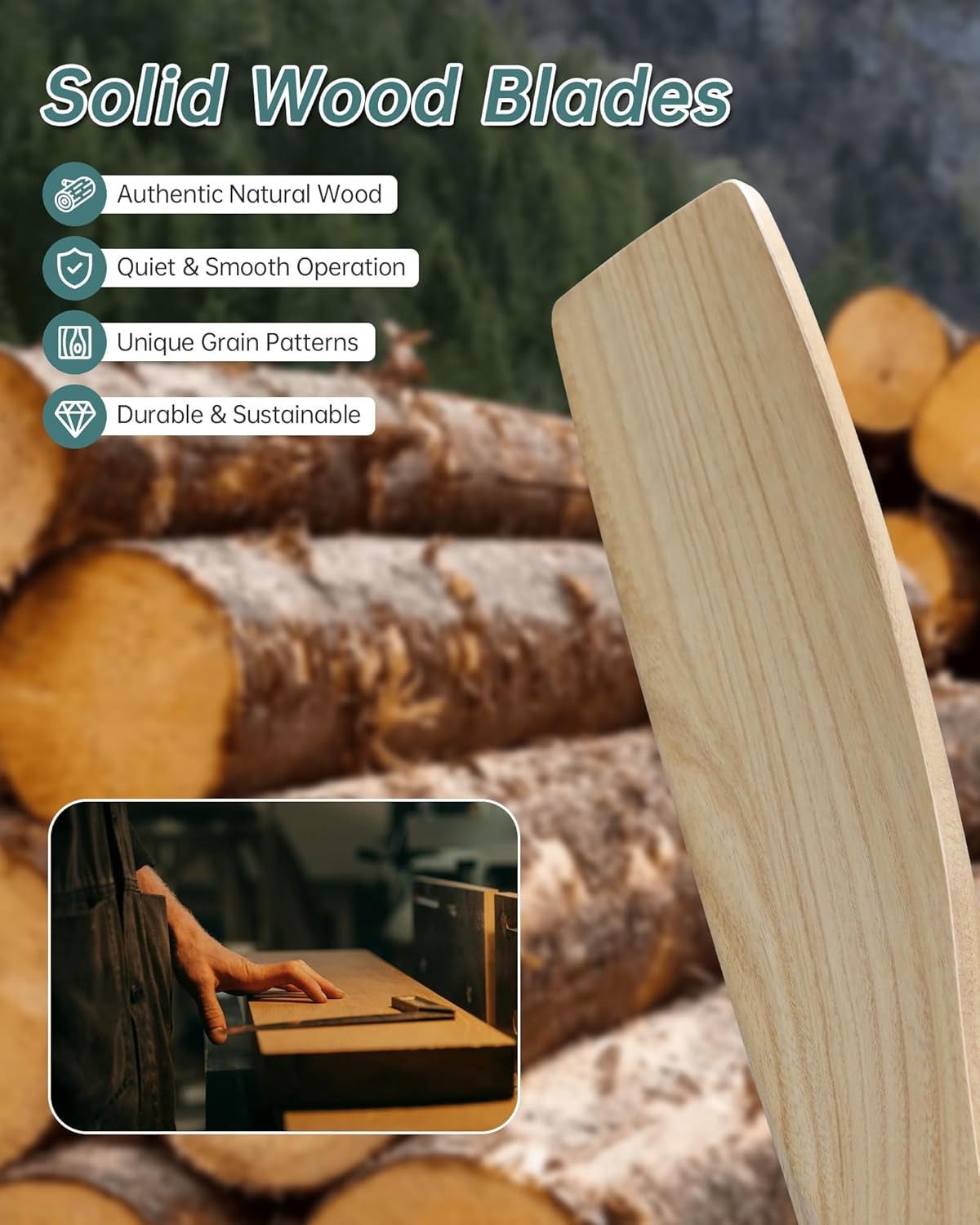 52 Inch Solid Wood Ceiling Fan without Lights Flush Mount Ceiling Fans with Remote Control-Wood Blades Modern Outdoor Ceiling Fan No Light for Bedroom/Farmhouse/Patio/Indoor,Natural Wood White