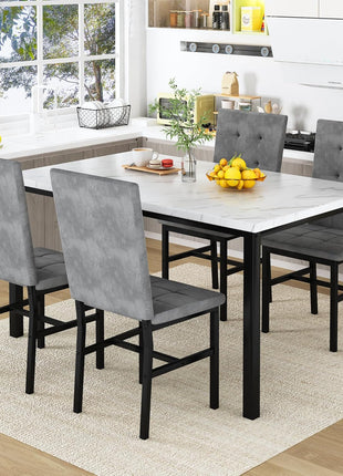 Contemporary Dining Table Set for Four with Faux Marble Surface and Velvet Upholstered Chairs, Perfect for Compact Spaces in White and Grey