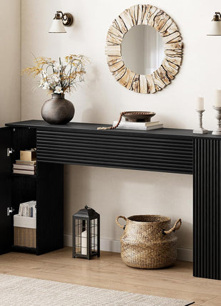 61-Inch Fluted Long Console Table - Wooden Rectangular Sofa Table with Dual Hidden Storage Cabinets for Entryway, Hallway, Living Room, and Foyer in Black