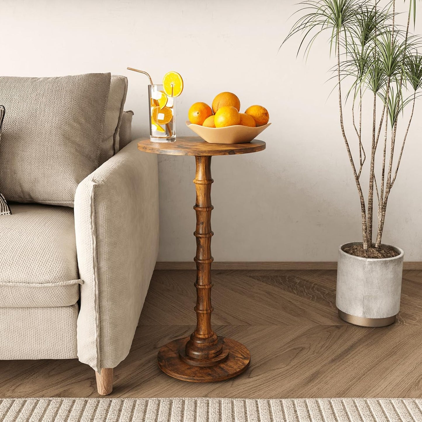 Round Side Table, Modern Drink Table for Small Spaces, Small End Table with Solid Wood Leg for Living Room, Bedroom, Corners, and Office (Rustic Brown)