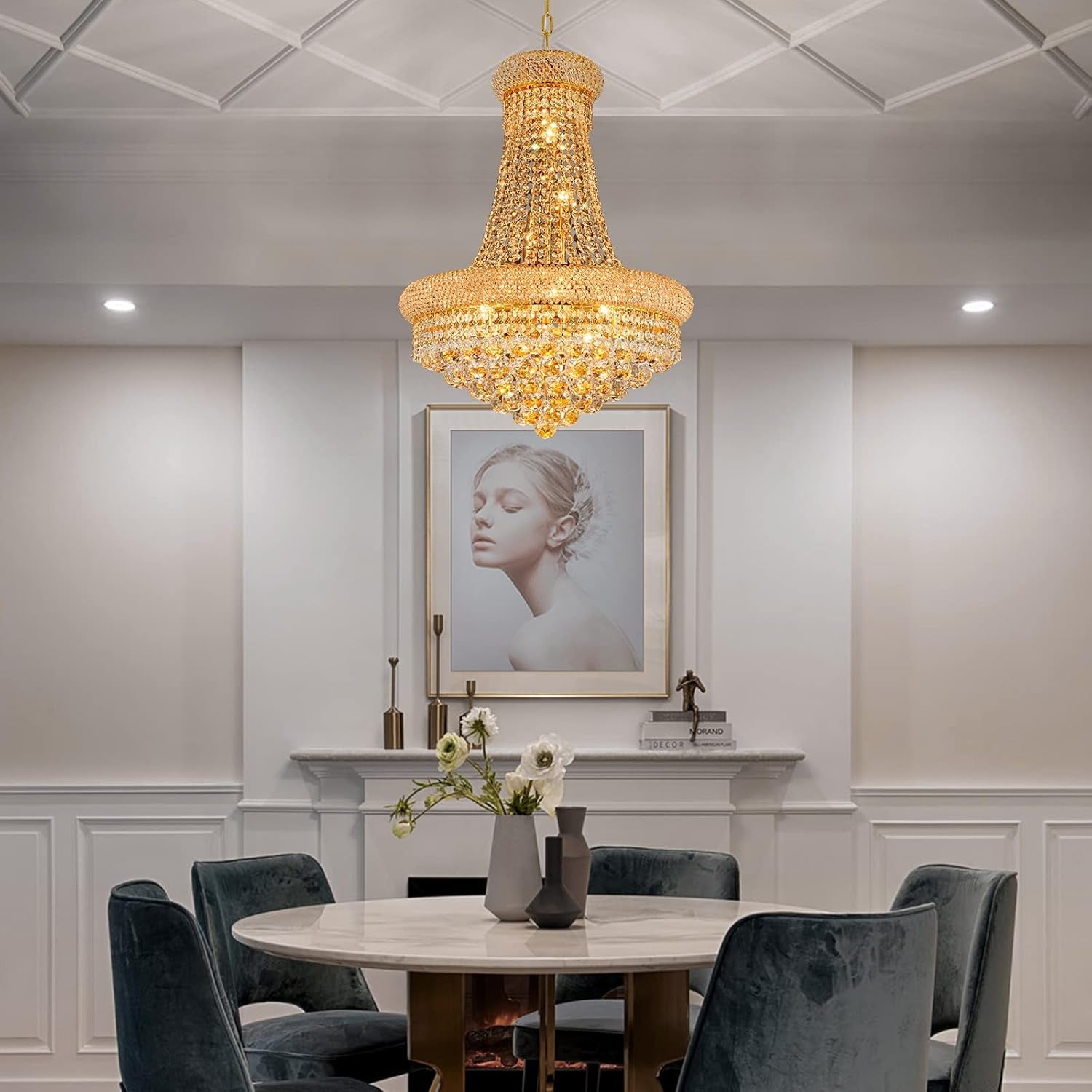 Crystal Chandeliers for Dining Room Light Fixture,Empire Style K9 Crystal Chandeliers for Entryway,12 Lights Gold Luxury Lighting Fixtures for Living Room Stairway Bedroom Foyer D22 Inch