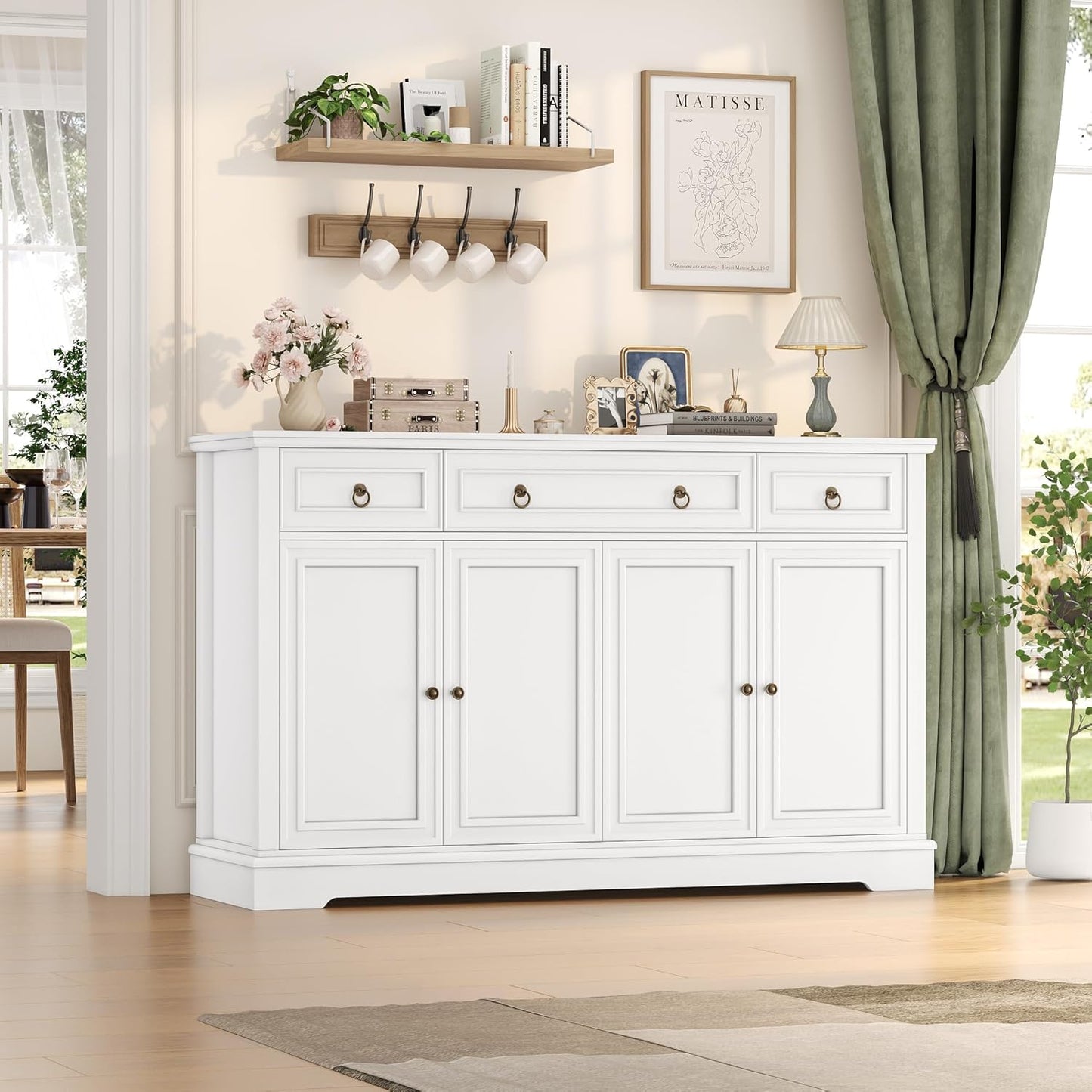 Buffet Cabinet with Storage, 52.7" Large Sideboard Buffet Cabinet, White Kitchen Cabinet with 3 Drawers and 4 Doors, Wood Coffee Bar for Kitchen Dining Room, White
