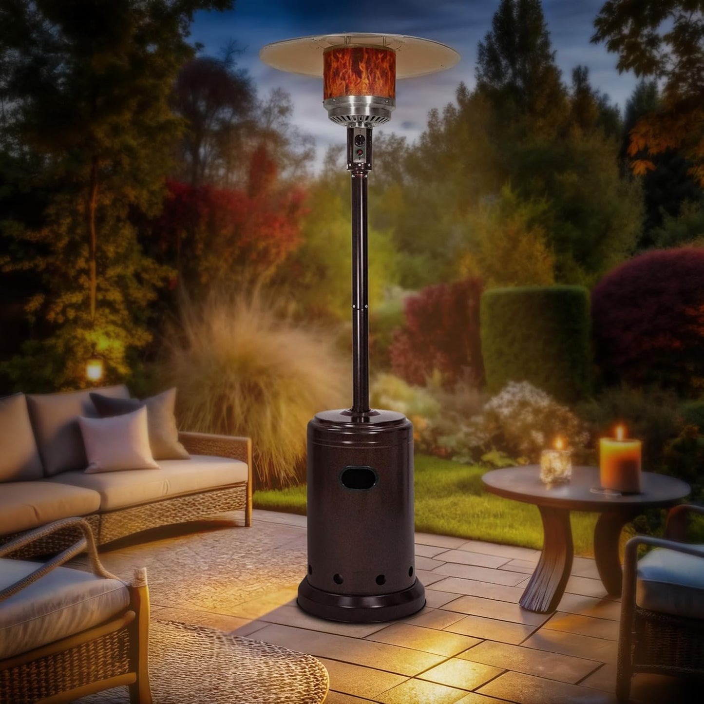 46,000 BTU Outdoor Propane Patio Heater with Wheels, Commercial & Residential, Havana Bronze, with Water Tank, 32.1 X 32.1 X 91.3 Inches (Lxwxh)